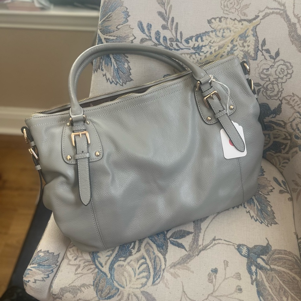 Gray Kattee Leather Satchel with Gold Hardware